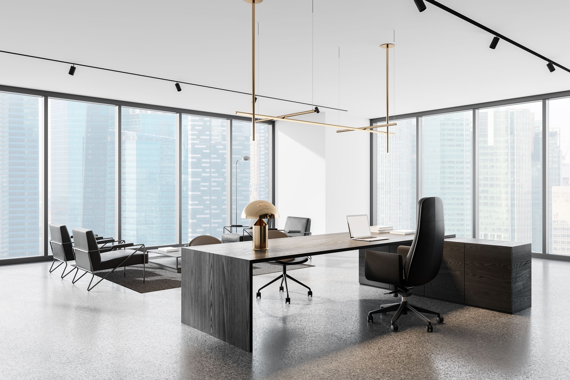 Stylish office interior with work and lounge zone, panoramic window